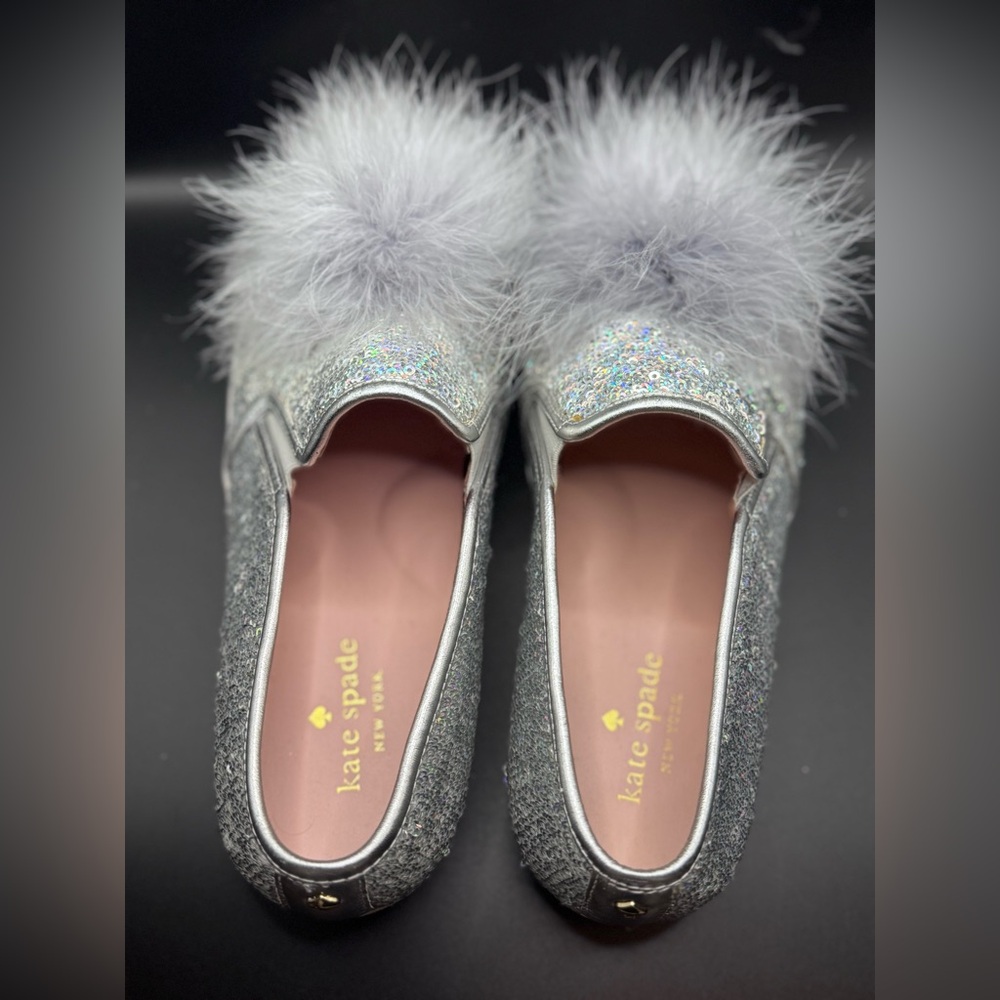 Kate Spade New York Glitter Slip-On Sneakers with Pom Poms –Silver Sparkle SZ8 - Picture 6 of 6